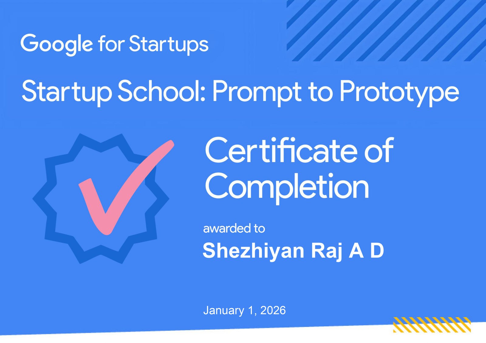 Google for Startups completion certificate