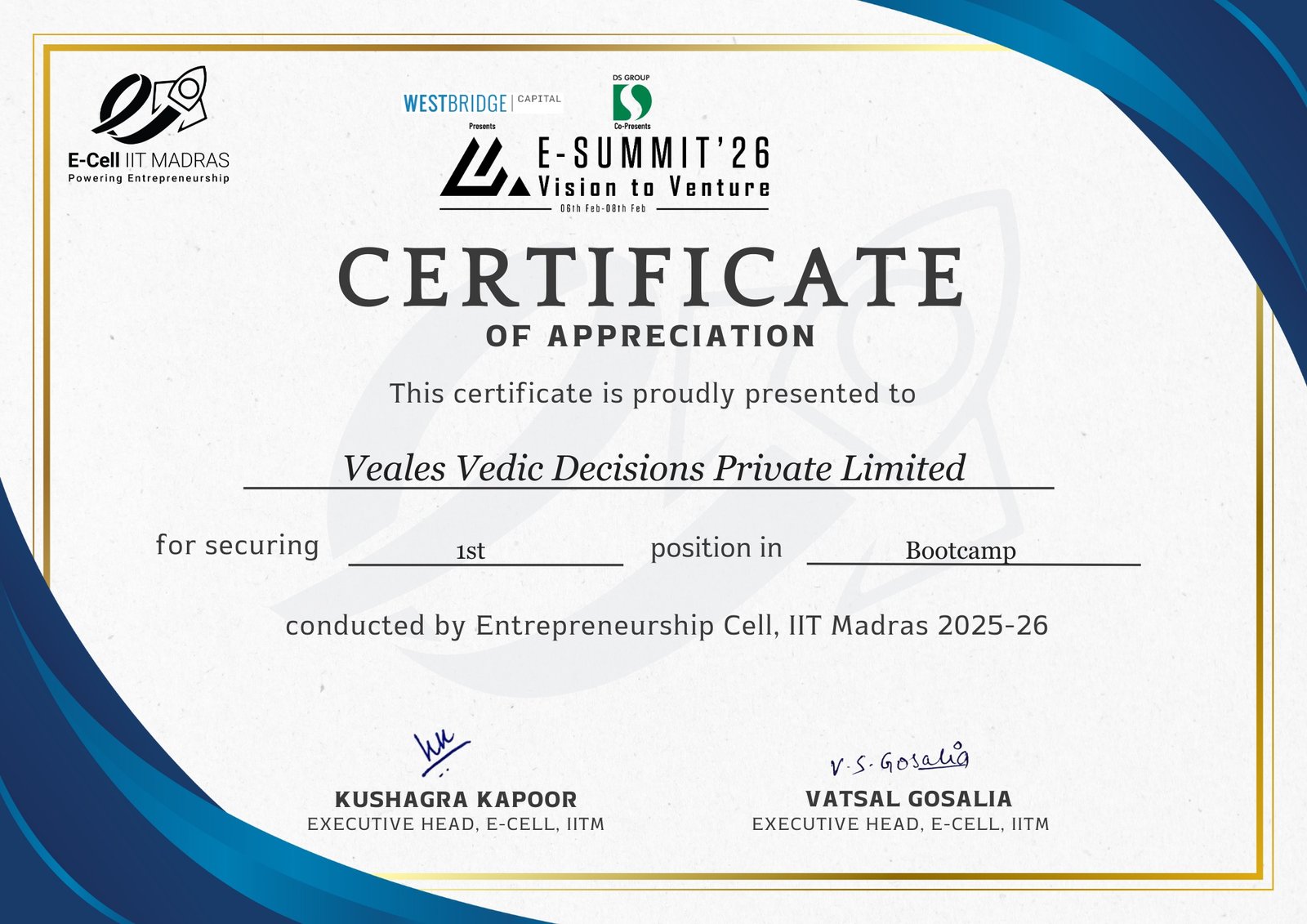 IIT Madras E-Cell Bootcamp certificate