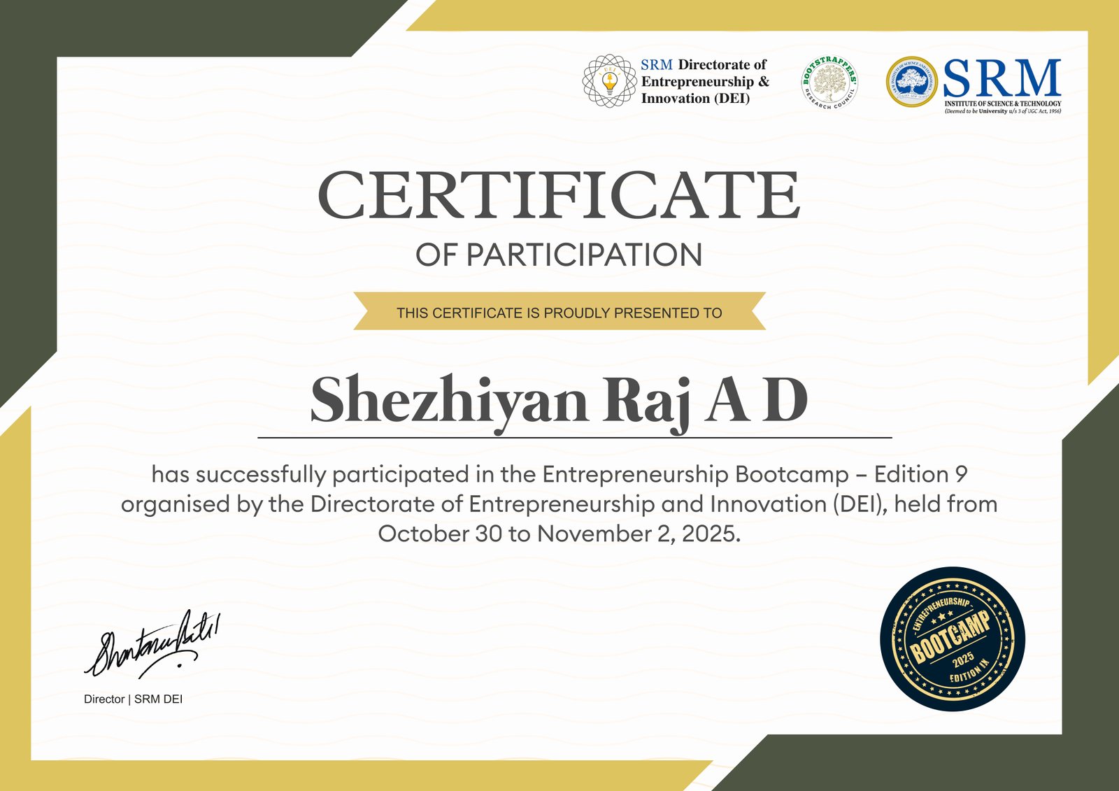 SRM Entrepreneurship Bootcamp certificate